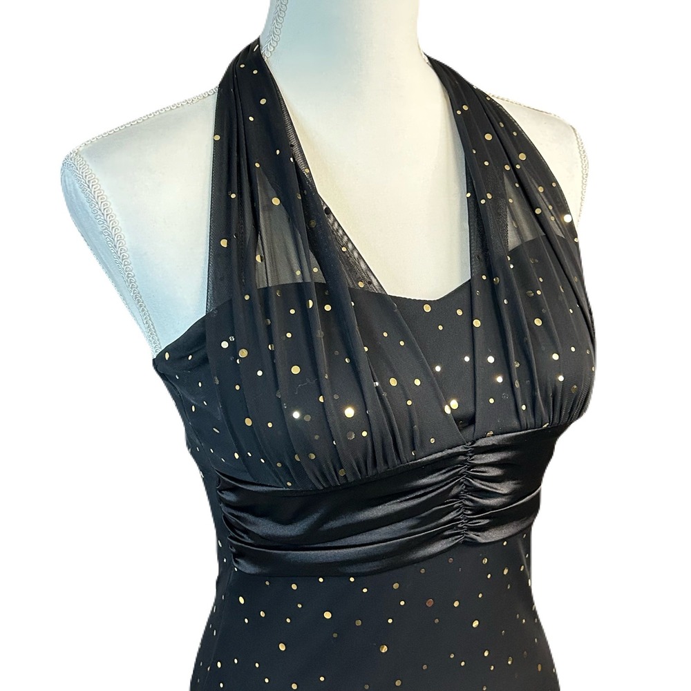 Vtg Taboo Y2k Halter Dress XS Empire High Low Sheer Hem Black Gold Hoco Glam
